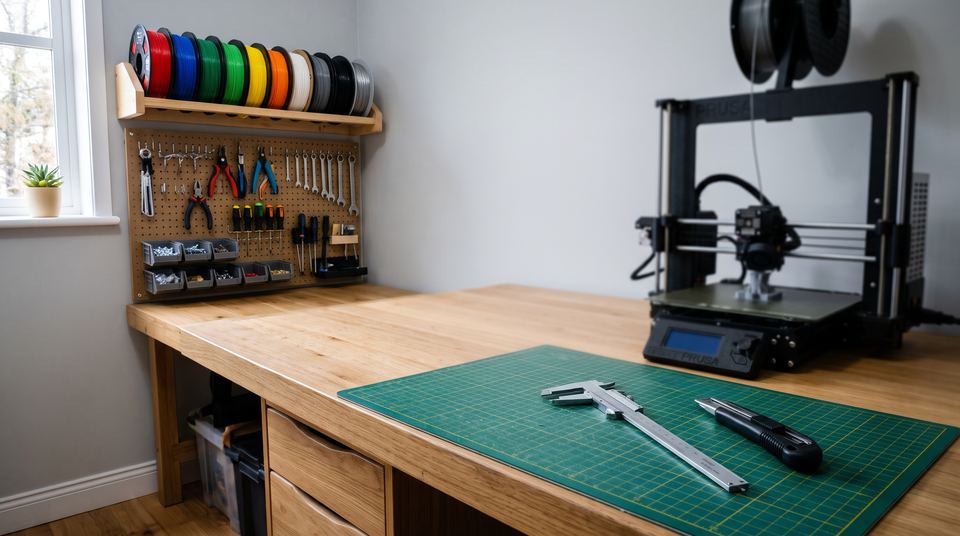 Établi de maker vu de côté : bobines de filament sur une étagère, pied à coulisse et tapis de découpe, une imprimante 3D floue au fond.