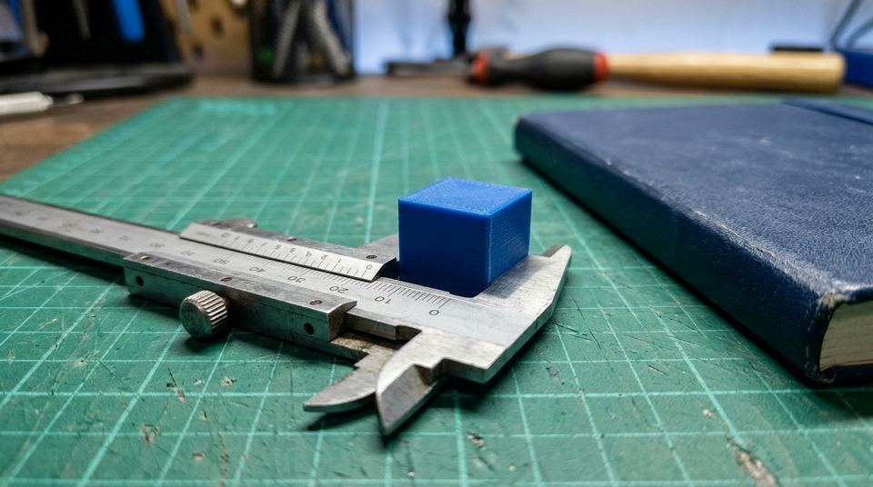 Pied à coulisse posé à côté d'un petit cube de calibration imprimé en filament bleu, sur un tapis de découpe vert.