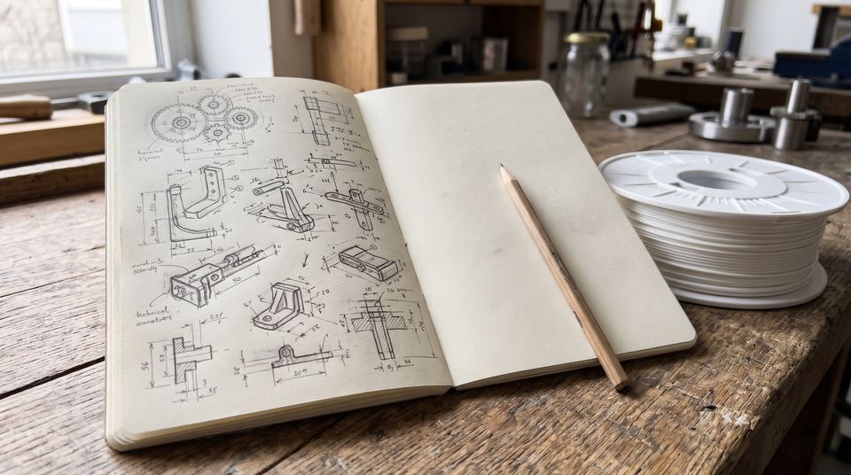 Carnet ouvert couvert de croquis de pièces cotées, à côté d'une bobine de filament blanc et d'un crayon, lumière de fenêtre.